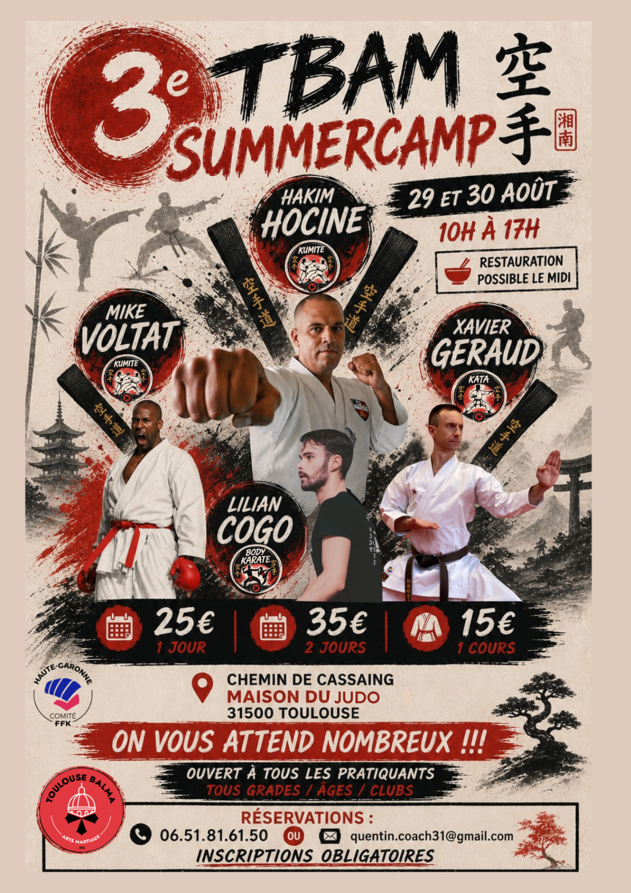 Affiche officielle du stage SUMMERCAMP 3 avec les quatre intervenants et les tarifs